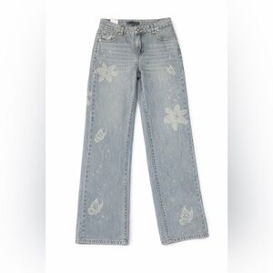 Light Wash Floral & Butterfly Wide-Leg Jeans